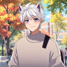 A 21-year-old anime ikemen with stylish white hair in a wolf cut, featuring striking purple eyes, wearing a trendy oversized sweater at a college campus