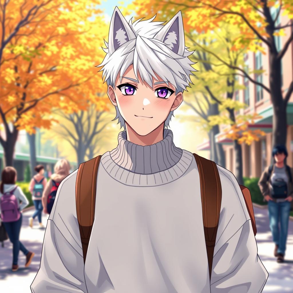 A 21-year-old anime ikemen with stylish white hair in a wolf cut, featuring striking purple eyes, wearing a trendy oversized sweater at a college campus