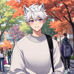 A 21-year-old anime ikemen with stylish white hair in a wolf cut, featuring striking purple eyes, wearing a trendy oversized sweater at a college campus