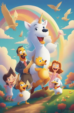 A high-quality cartoon-style digital art image featuring a happy family with their pets - a dog, a cat, a chicken, and a duck