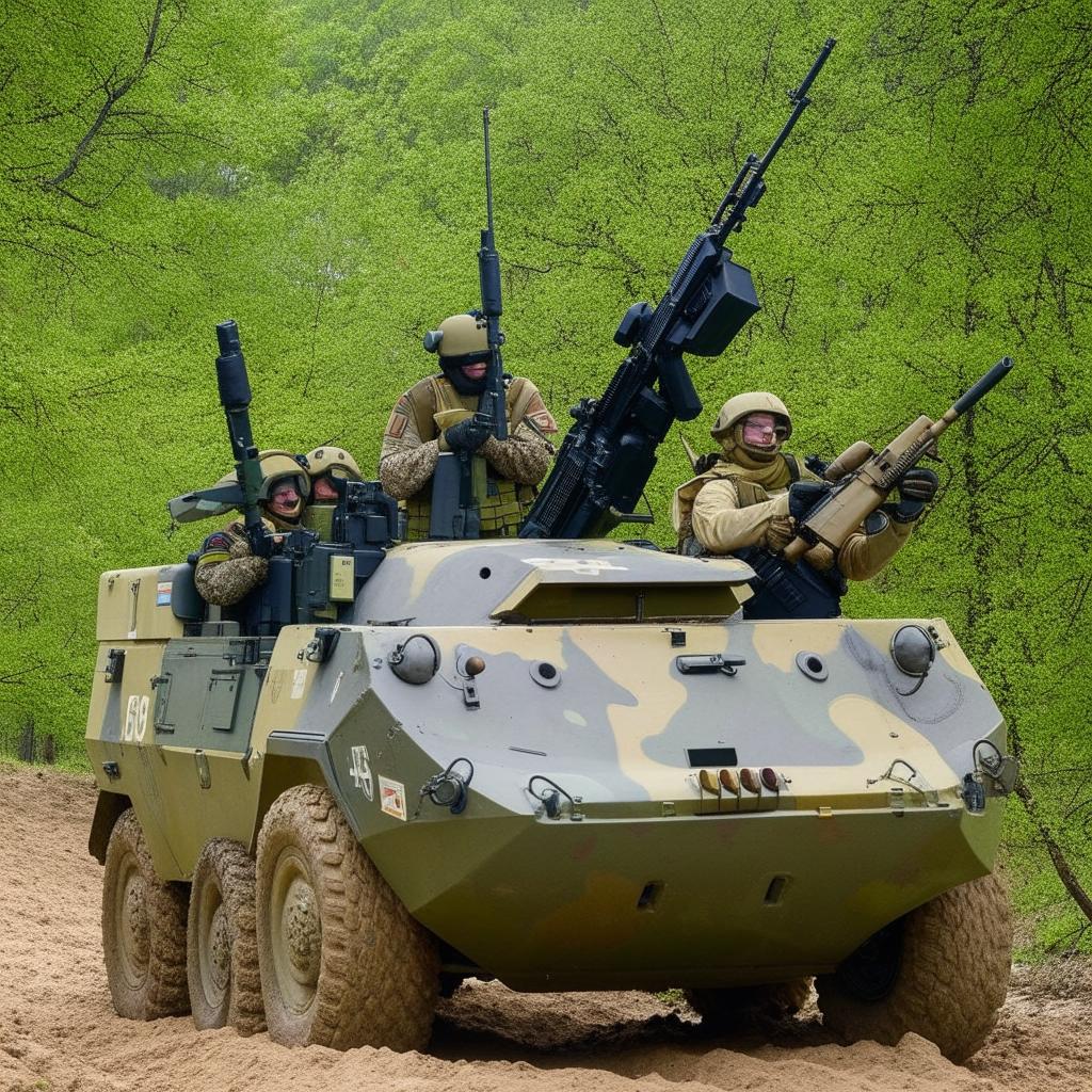 5 combatants in military fatigue, armed with assault rifles, missile launcher and radio in a rugged terrain vehicle