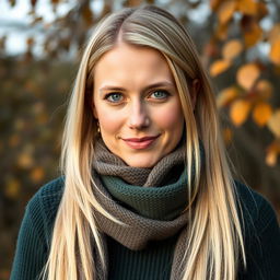 A portrait of Sini, a 32-year-old woman exuding natural Scandinavian beauty