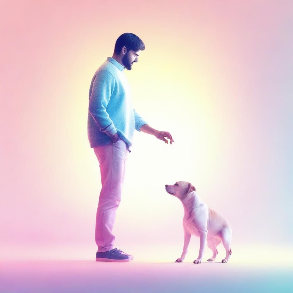 A high-quality digital art image depicting a playful interaction between a man and a dog