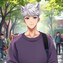 A 21-year-old anime ikemen with a trendy wolf cut hairstyle in striking white hair and captivating purple eyes, wearing a stylish oversized sweater at a college campus