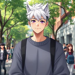 A 21-year-old anime ikemen with a trendy wolf cut hairstyle in striking white hair and captivating purple eyes, wearing a stylish oversized sweater at a college campus