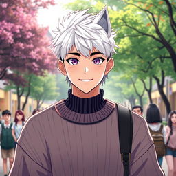 A 21-year-old anime ikemen with a trendy wolf cut hairstyle in striking white hair and captivating purple eyes, wearing a stylish oversized sweater at a college campus