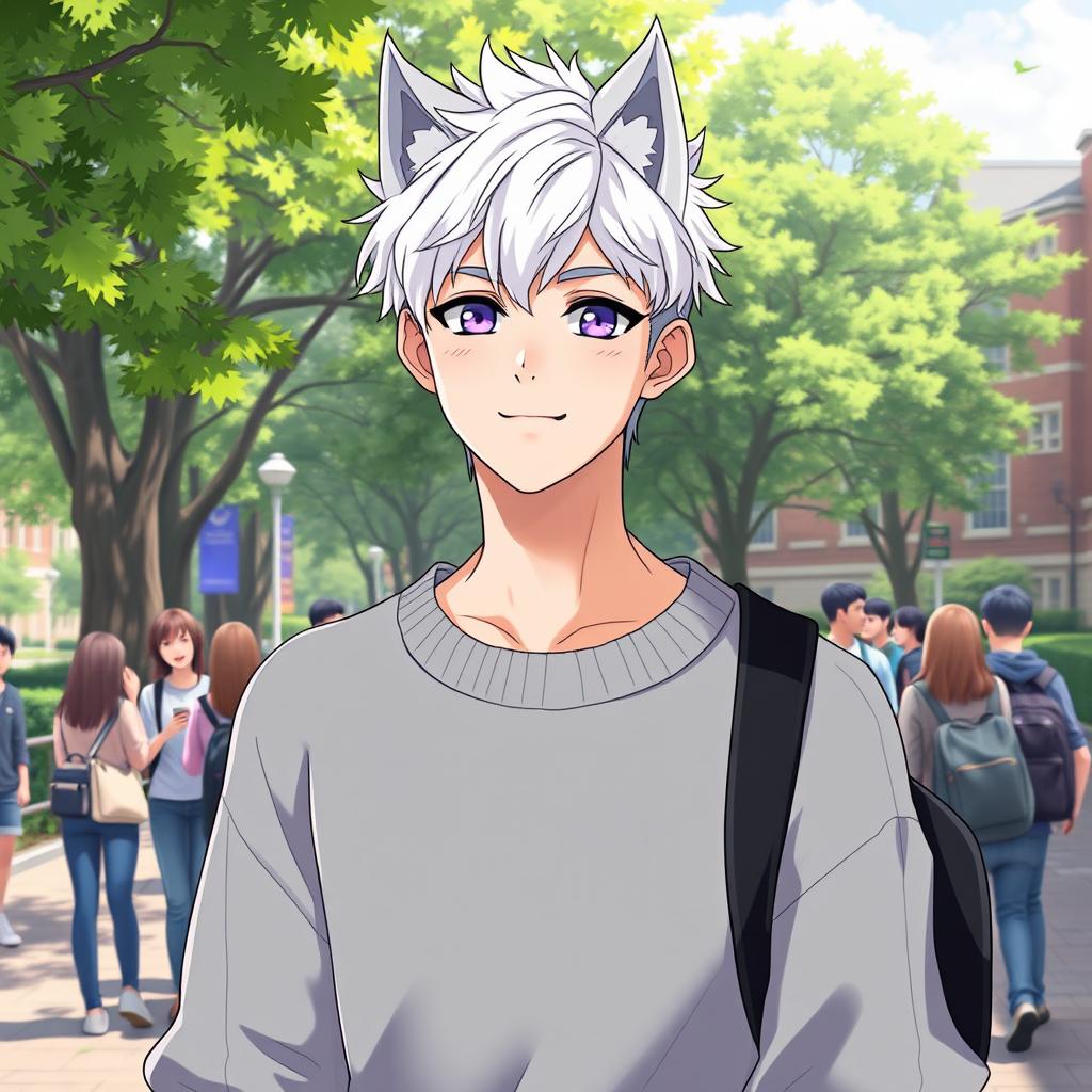 A 21-year-old anime ikemen with a trendy wolf cut hairstyle in striking white hair and captivating purple eyes, wearing a stylish oversized sweater at a college campus