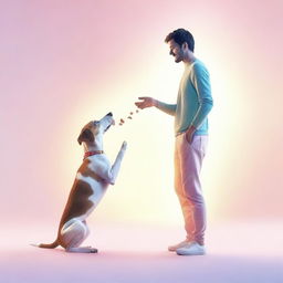 A high-quality digital art image depicting a playful interaction between a man and a dog