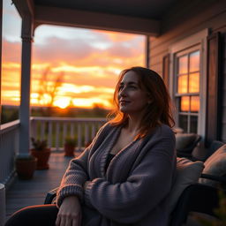 A 29-year-old woman relaxing on a charming house veranda during sunset