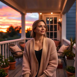 A 29-year-old woman relaxing on a charming house veranda during sunset