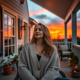 A 29-year-old woman relaxing on a charming house veranda during sunset