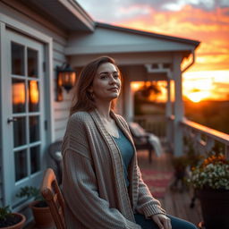 A 29-year-old woman relaxing on a charming house veranda during sunset