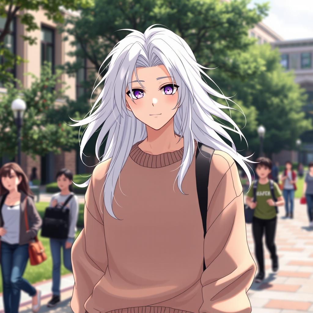 A 21-year-old anime ikemen with long, flowing white hair and striking purple eyes, wearing a fashionable oversized sweater on a lively college campus