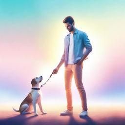 A high-quality digital art image depicting a playful interaction between a man and a dog