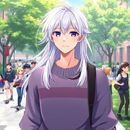 A 21-year-old anime ikemen with long, flowing white hair and striking purple eyes, wearing a fashionable oversized sweater on a lively college campus