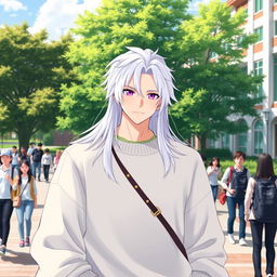 A 21-year-old anime ikemen with long, flowing white hair and striking purple eyes, wearing a fashionable oversized sweater on a lively college campus