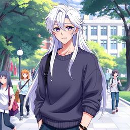 A 21-year-old anime ikemen with long, flowing white hair and striking purple eyes, wearing a fashionable oversized sweater on a lively college campus