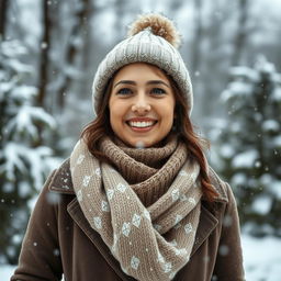 A 31-year-old woman outdoors in a winter wonderland, surrounded by gently falling snowflakes