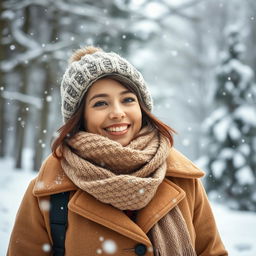 A 31-year-old woman outdoors in a winter wonderland, surrounded by gently falling snowflakes