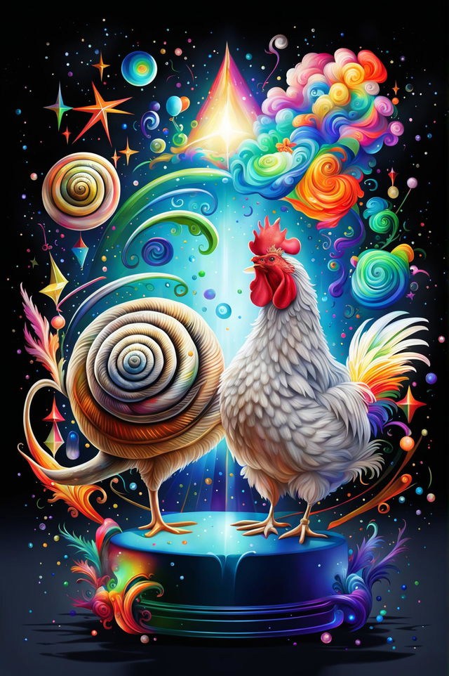 This digital art piece features a snail and a chicken standing next to a golden trophy and a swirling galaxy