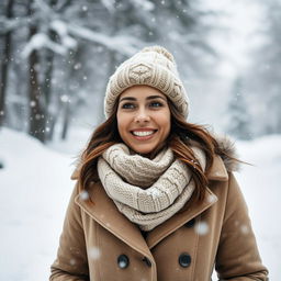 A 31-year-old woman outdoors in a winter wonderland, surrounded by gently falling snowflakes