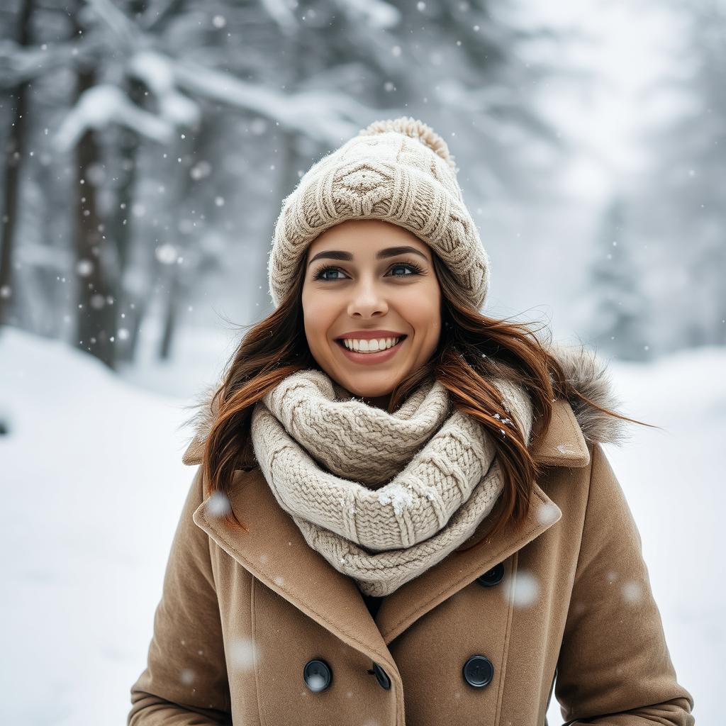 A 31-year-old woman outdoors in a winter wonderland, surrounded by gently falling snowflakes