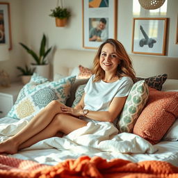 A 34-year-old woman lounging in a cozy bedroom, surrounded by bright and inviting decor