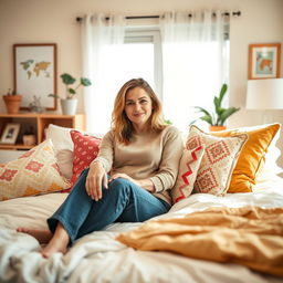 A 34-year-old woman lounging in a cozy bedroom, surrounded by bright and inviting decor