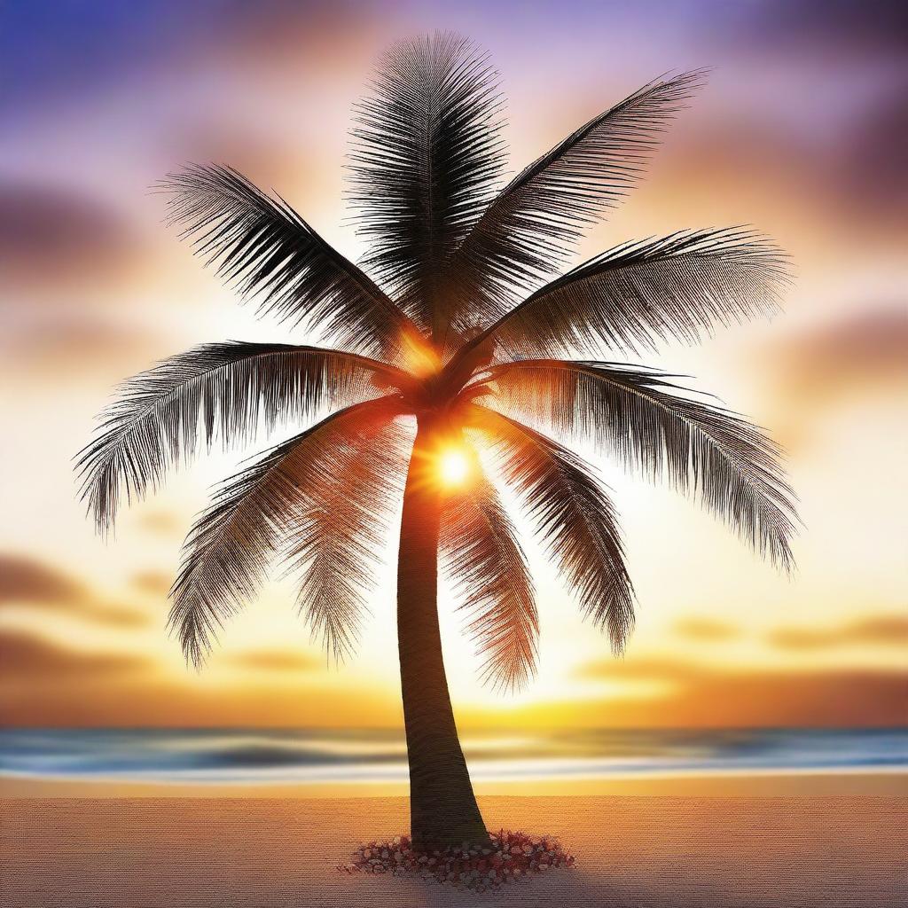 A high-quality digital art image depicting a palm tree decorated with Christmas lights and ornaments