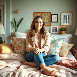 A 34-year-old woman lounging in a cozy bedroom, surrounded by bright and inviting decor