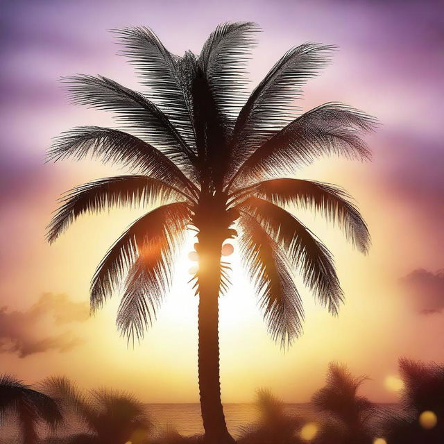 A high-quality digital art image depicting a palm tree decorated with Christmas lights and ornaments