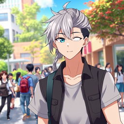 A 23-year-old anime ikemen with a stylish ponytail hairstyle featuring striking white bangs, showcasing his unique appearance with one blue eye and one purple eye