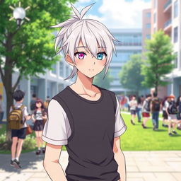 A 23-year-old anime ikemen with a stylish ponytail hairstyle featuring striking white bangs, showcasing his unique appearance with one blue eye and one purple eye