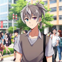 A 23-year-old anime ikemen with a stylish ponytail hairstyle featuring striking white bangs, showcasing his unique appearance with one blue eye and one purple eye