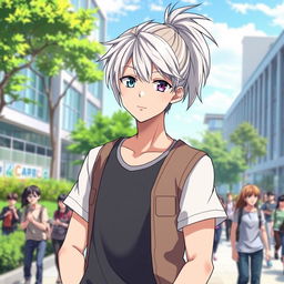 A 23-year-old anime ikemen with a stylish ponytail hairstyle featuring striking white bangs, showcasing his unique appearance with one blue eye and one purple eye