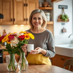 A 40-year-old woman standing in a cozy kitchen, holding a steaming cup of coffee with a content smile