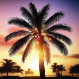 A high-quality digital art image depicting a palm tree decorated with Christmas lights and ornaments