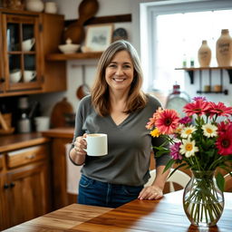 A 40-year-old woman standing in a cozy kitchen, holding a steaming cup of coffee with a content smile