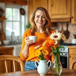 A 40-year-old woman standing in a cozy kitchen, holding a steaming cup of coffee with a content smile
