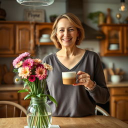 A 40-year-old woman standing in a cozy kitchen, holding a steaming cup of coffee with a content smile