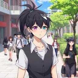 A 23-year-old anime ikemen with a stylish ponytail featuring black hair and vibrant white bangs, showcasing his striking appearance with one blue eye and one purple eye