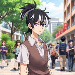 A 23-year-old anime ikemen with a stylish ponytail featuring black hair and vibrant white bangs, showcasing his striking appearance with one blue eye and one purple eye