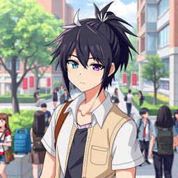 A 23-year-old anime ikemen with a stylish ponytail featuring black hair and vibrant white bangs, showcasing his striking appearance with one blue eye and one purple eye