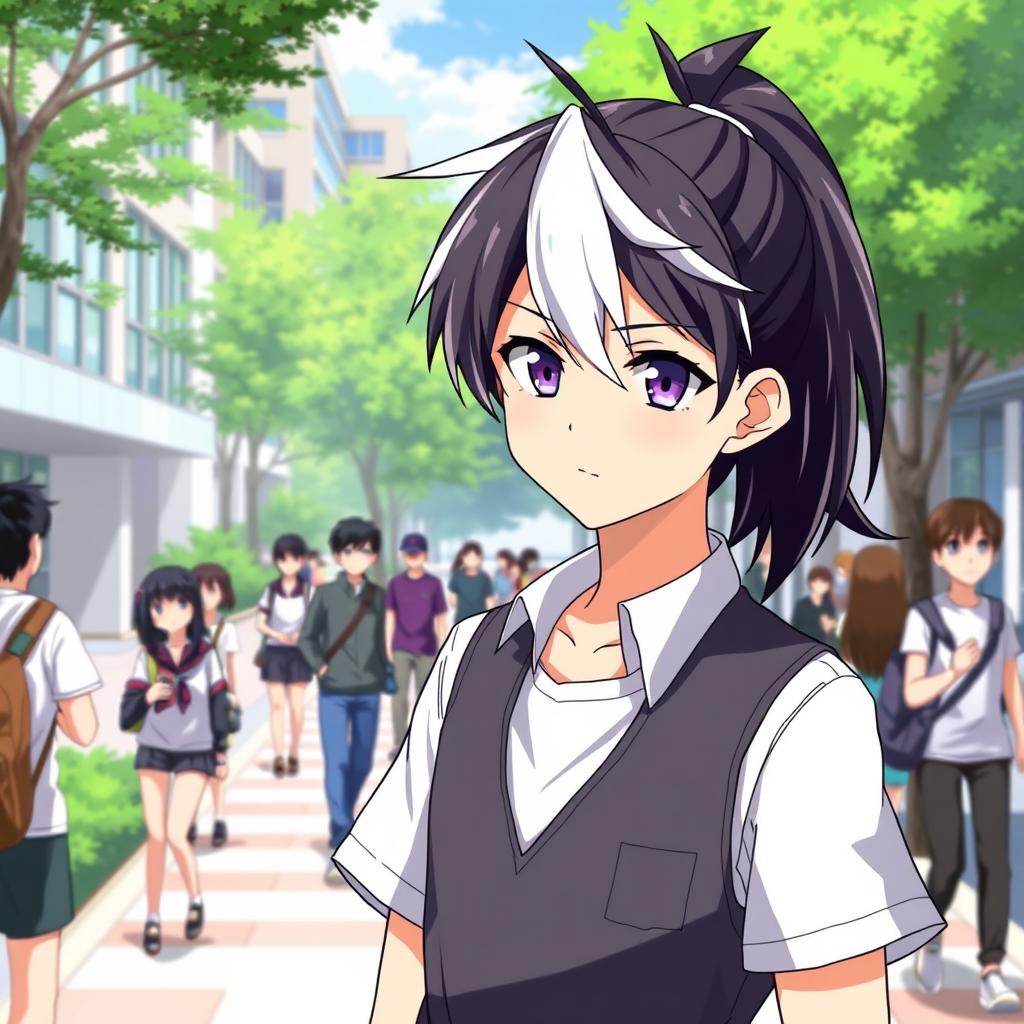 A 23-year-old anime ikemen with a stylish ponytail featuring black hair and vibrant white bangs, showcasing his striking appearance with one blue eye and one purple eye