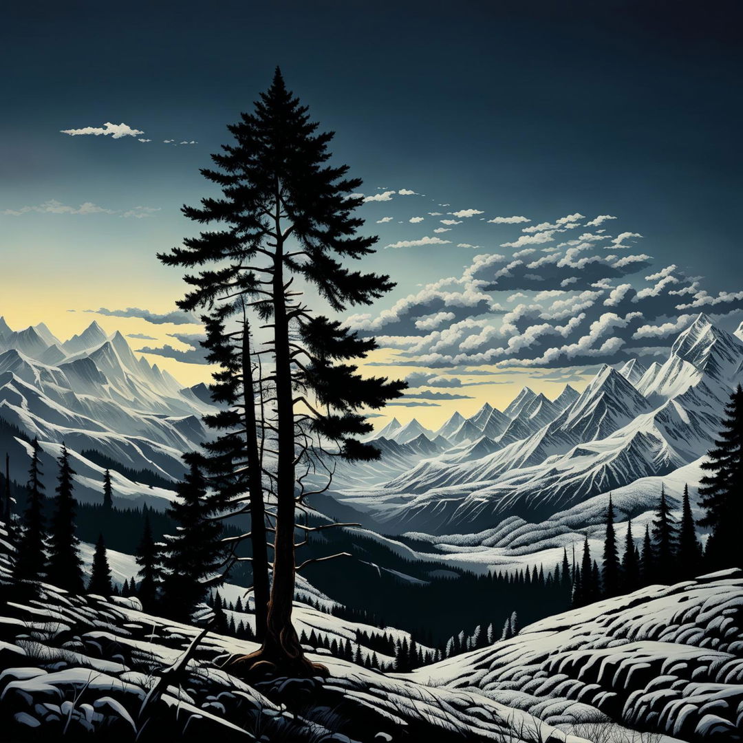 A high-quality digital art image capturing the grandeur of nature through a pine tree and a mountain range