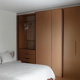 A beautifully arranged room containing a comfortable queen size bed, a neatly arranged study table with lamp, and a large 5-door wardrobe with ample storage space.