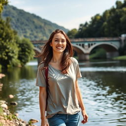 A 29-year-old woman walking along a serene riverbank, enjoying a leisurely stroll
