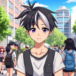 A 23-year-old cool anime guy with a stylish ponytail of black hair and striking white bangs, featuring captivating eyes—one blue and the other purple