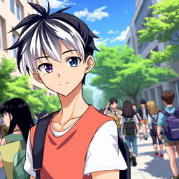 A 23-year-old cool anime guy with a stylish ponytail of black hair and striking white bangs, featuring captivating eyes—one blue and the other purple