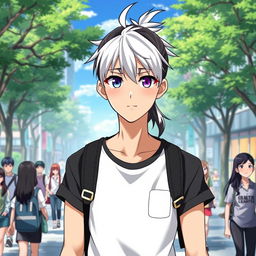 A 23-year-old cool anime guy with a stylish ponytail of black hair and striking white bangs, featuring captivating eyes—one blue and the other purple